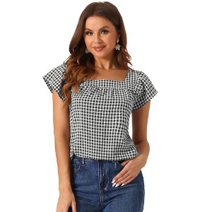 INSPIRE CHIC Women's Summer Square Neck Gingham Cap Sleeve Blouses - 1 of 4
