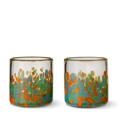 Segunda Vida Viajar Hand-Blown Short Tumblers, Recycled Drinking Glasses, Vibrant Design Cocktail Tumbler, 12 oz, Set of 2