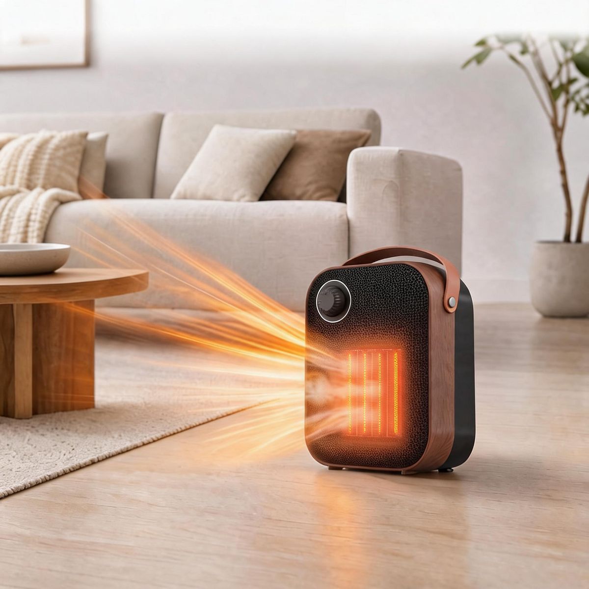 Portable PTC Ceramic Space Heater, 2 Heat Settings, Adjustable Thermostat, Quiet Fan, Tip‑Over & Overheat Safety Protection with Carry Handle