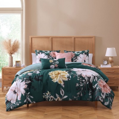 Bebejan Wild Flowers on Teal 100% Cotton 5-Piece Reversible Comforter Set