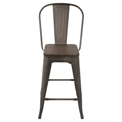Antique and Espresso Industrial High Back Counter Stools - Set of 2