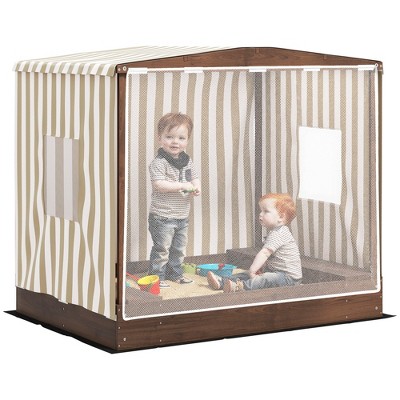 Qaba Kids Wooden Sandbox with Canopy Fully Covered, Outdoor Large Wood Sand Pit with 2 Bench Seats, Bottom Liner, 56" x 40" x 52", Brown