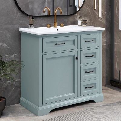 36" Bathroom Vanity With Sink, Bathroom Cabinets Modern With 3 Drawers, Door Organizer, 2 Tip-Out Drawers, And Slide Rail Drawers-Cuddlewood