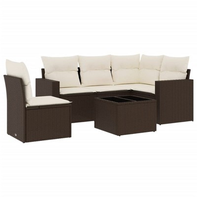 vidaXL 6 Piece Patio Sofa Set with Cushions Brown Poly Rattan - Brown and cream With table