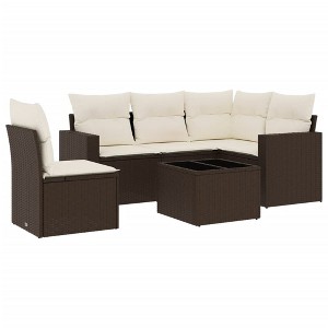vidaXL 6 Piece Patio Sofa Set with Cushions Brown Poly Rattan - Brown and cream With table - 1 of 4