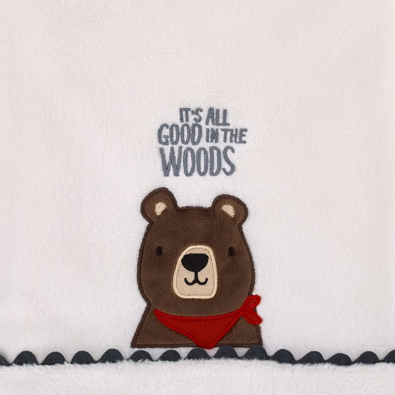 NoJo Into the Wilderness White, Navy, and Brown Bear 'It's All Good in the Woods' Super Soft Applique Baby Blanket with Trim, 2 of 5