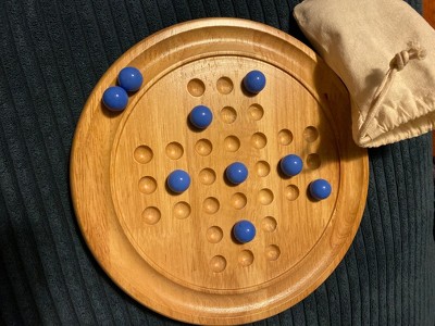 WE Games Solid Wood Solitaire with Blue Glass Marbles - 9 in. Diameter