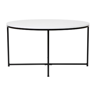 35.5" Round White Wood & Matte Black Metal Coffee Table