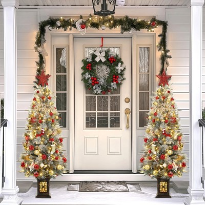 4.5ft Green Snow Flocked Potted Christmas Tree with LED Lights