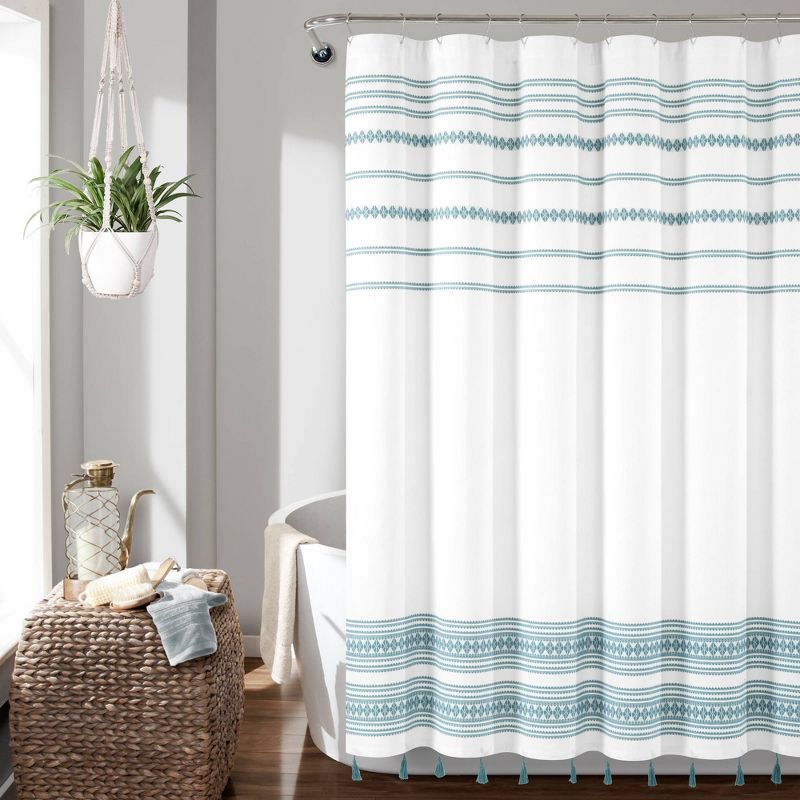 72&#34;x72&#34; Breezy Chic Tassel Jacquard Eco-Friendly Recycled Cotton Shower Curtain Blue - Lush D&#233;cor, 1 of 6