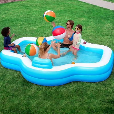Joyfy 120 x 101 x 26" Inflatable Swimming Pool, Family Pool with Seats Backrest Cup Holder for Kids Family Summer Water Party Backyard Garden Lawn Fun
