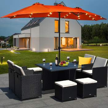 Costway 15Ft Patio Double-Sided Solar LED Market Umbrella Crank Base Beige/Tan/Orange/Burgundy/Grey