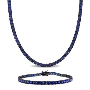 EVERLY JEWELRY |Men's Black Rhodium Plated Sterling Silver 57ct TGW Created Blue Sapphire Tennis Necklace and Bracelet 2-Piece Set - 20 in + 9 in - 1 of 4