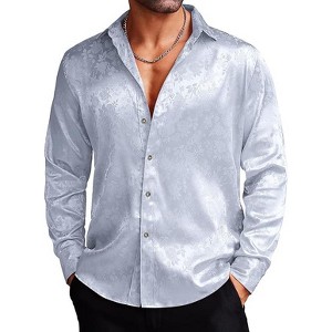 COOFANDY Men's Silk Satin Jacquard Long Sleeve Floral Button Up Shirts - 1 of 4