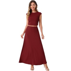 Allegra K Women's Two Piece Ribbed Knit Crew Neck Short Sleeve Cropped Top and Elastic Waist A-Line Midi Skirt Set - 1 of 4