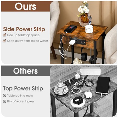 Rustic Brown Industrial End Tables with Charging Station, Set of 2