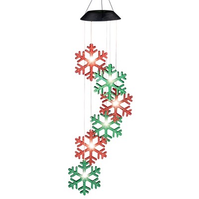 Solar Powered Holiday Snowflake Garden Mobile with Glittery Red and Green Plastic