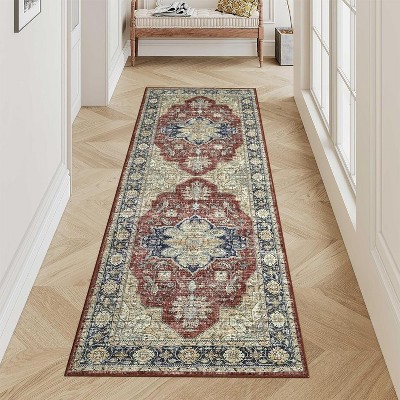 2x6 Entryway Runner Rug, Washable Ultra-Thin Non-Slip Vintage Farmhouse Accent Carpet, Indoor Floor Mat for Hallway, Kitchen, Bathroom, Laundry, Red