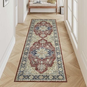 2x6 Entryway Runner Rug, Washable Ultra-Thin Non-Slip Vintage Farmhouse Accent Carpet, Indoor Floor Mat for Hallway, Kitchen, Bathroom, Laundry, Red - 1 of 4