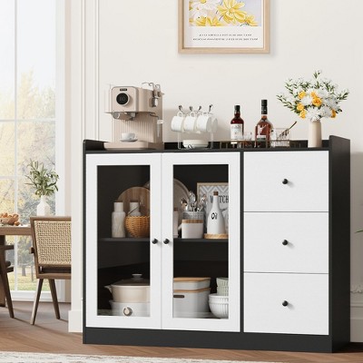 WhizMax Storage Cabinet with Glass Doors and Shelves, 43" Coffee Bar Cabinet with 3 Drawers,Sideboard Buffet Cabinet with Storage, Black and White