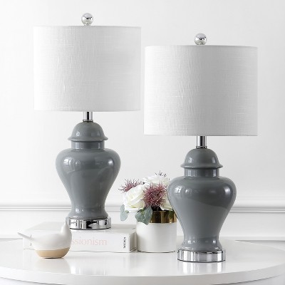 Gray Ceramic and Chrome Ginger Jar Table Lamp Set