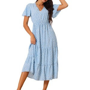 INSPIRE CHIC Women's Summer Casual Short Flutter Sleeve V Neck Elastic Waist Flowy Polka Dots Dress - 1 of 4