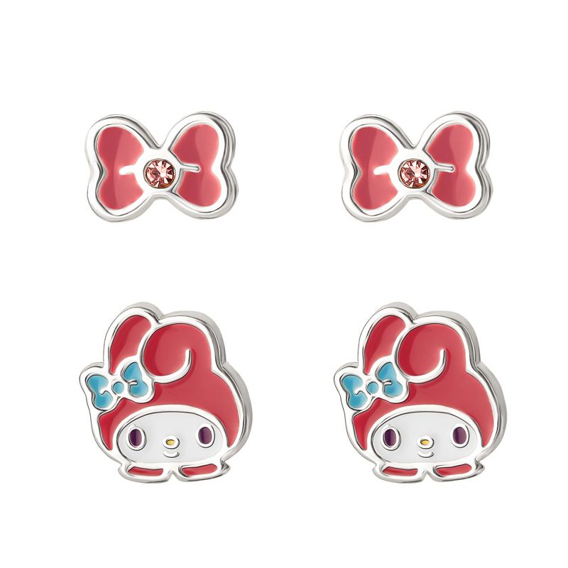 Sanrio Hello Kitty Silver Plated Bow and Melody Pink Crystal Stud Earrings, 2 of 3