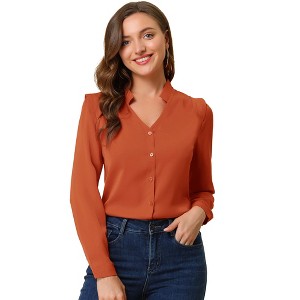 Allegra K Women's Elegant V Neck Work Office Button Up Shirt - 1 of 4
