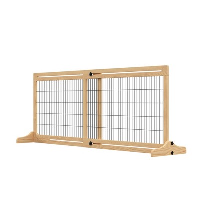 Natural Wooden Retractable Freestanding Pet Gate for Doorways