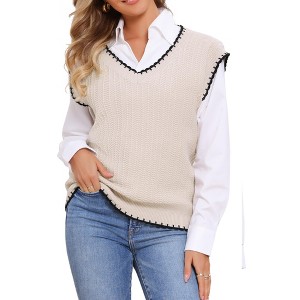 INSPIRE CHIC Women's V Neck Sleeveless Ribbed Contrast Color Trim Sweater Vest - 1 of 4