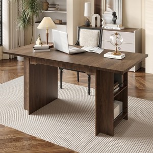 Farmhouse Dining Table 63" with Storage Shelves, Waterproof Wood Tabletop, Heavy Duty Legs, Rustic Kitchen Table for 6 - 1 of 4
