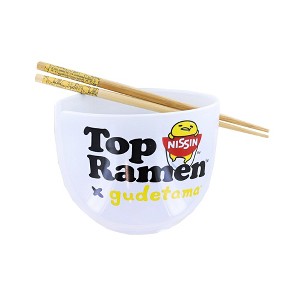Silver Buffalo Sanrio Gudetama Top Ramen More Please 20oz Ceramic Ramen Bowl with Chopsticks - 1 of 3