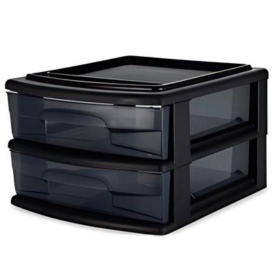 Homz 2 Pack Storage Cart, Medium 2 Drawer Plastic Rolling Container for Home and Office Organization, Black Frame with Smoke Tint Drawers