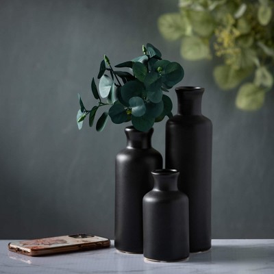Modern Matte Black Ceramic Vase Trio for Elegant Table Decor