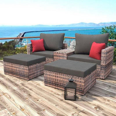 5pc Sectional patio Set with Ottoman, Side Table & Cushions - Art Leon