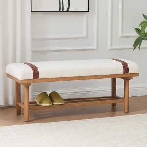 Bekrvio 44-Inch Teddy Fleece Upholstered Bench – Solid Wood Frame,Mid Century Modern Bench with PU Straps for Living Room, Bedroom - 1 of 4
