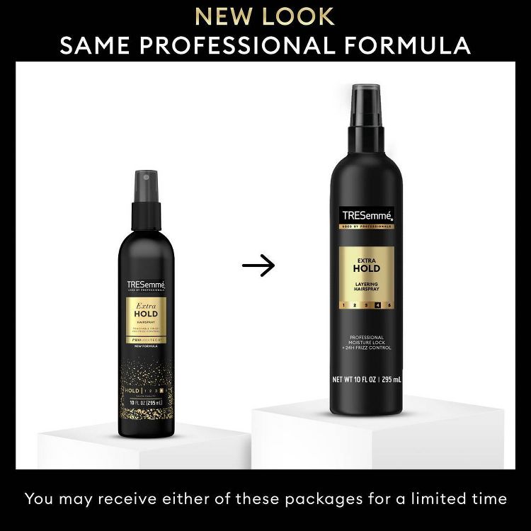 Two black colored TRESemmé Extra Hold hairspray bottles with different designs, both labeled 10 fl oz (295 ml), shown side by side with an arrow indicating a packaging change.
