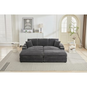 PAGED Upholstered Sofa Corduroy Chaise Lounge Sofa with Handrail Storage, Movable Ottoman, Cupholders for Living Room, Apartment - 1 of 4