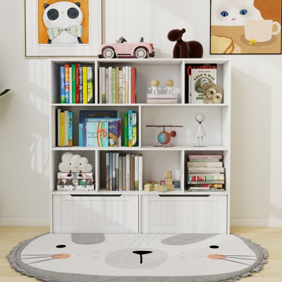 VYNXARIA Toy 2 Movable Drawers Storage Organizer, Multi-Functional Kids Bookcase, Children Book Shelf for Kids Room for Playroom, Classroo,-White