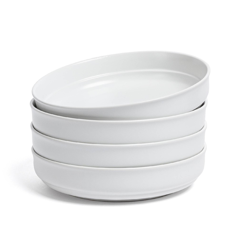 over&back Set of 4 32oz Rimmed Hand-Finished Stoneware Dinner Bowls Semi-Matte White: Microwave & Dishwasher Safe