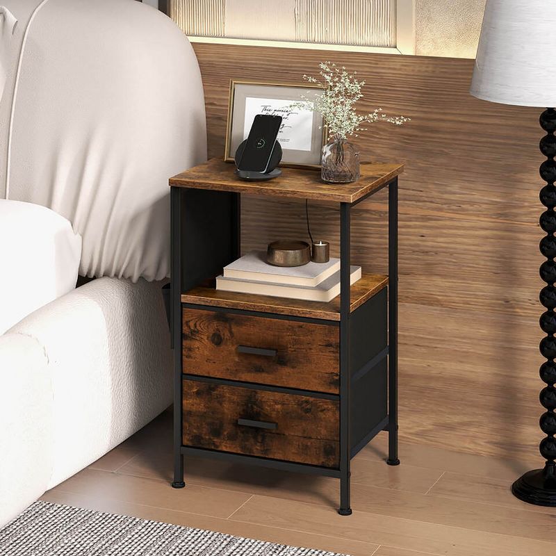 Tangkula Nightstand with Charging Station Industrial Bedside Table w/ 2 Drawers, 4 of 9