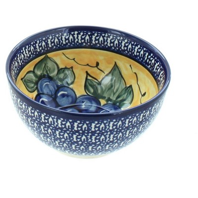 Blue Rose Polish Pottery Grapes Dessert Bowl with Cobalt Rim