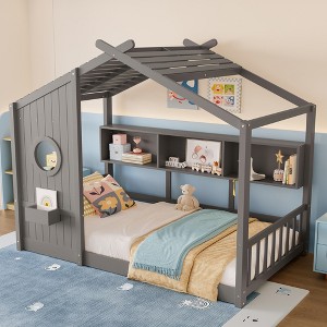 Polibi Floor House Bed with Built-In Storage Shelves & Slatted Roof - 1 of 4