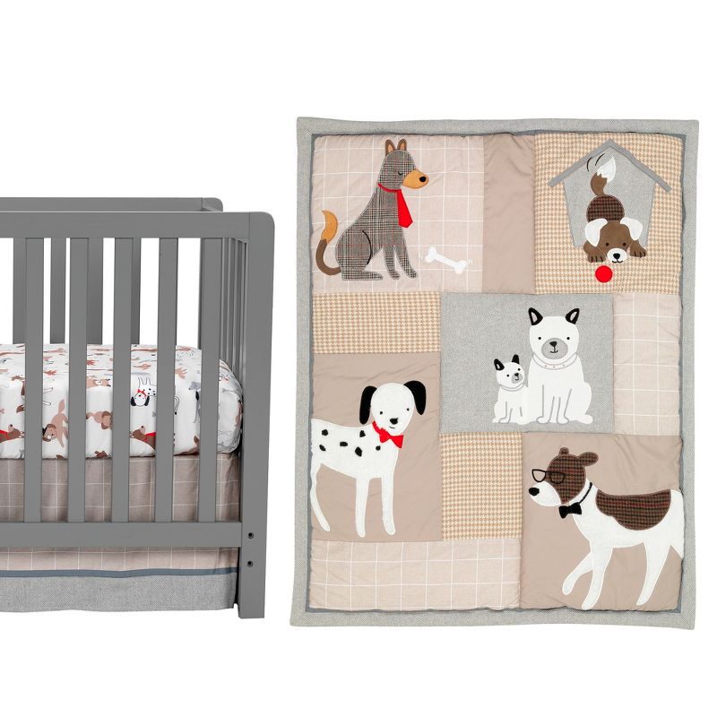 Lambs & Ivy Bow Wow Gray/Tan Dog/Puppy Nursery 3-Piece Baby Crib Bedding Set, 1 of 9