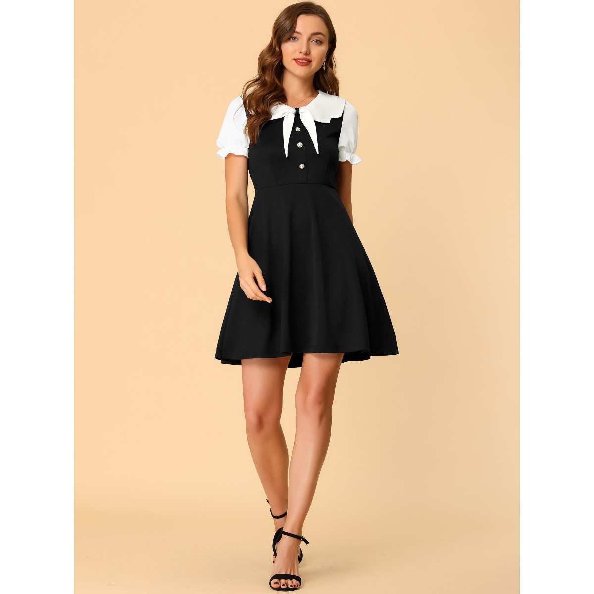 Женские платья INSPIRE CHIC Women's Bowtie Neck Contrast Color A-Line Doll Collar Dress X-Small Black — фото 3