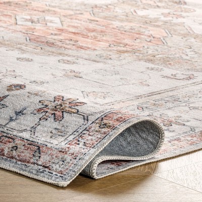 4' x 6' Orange and White Medallion Washable Synthetic Rug