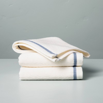 3pk Textured Border Stitch Washcloth Set Sour Cream/Faded Blue - Hearth & Hand™ with Magnolia