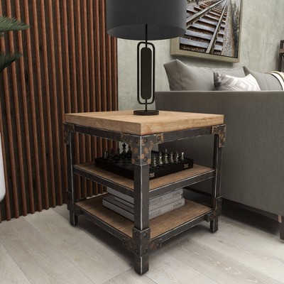 Industrial Brown Fir Wood and Metal 3-Tier Accent Table