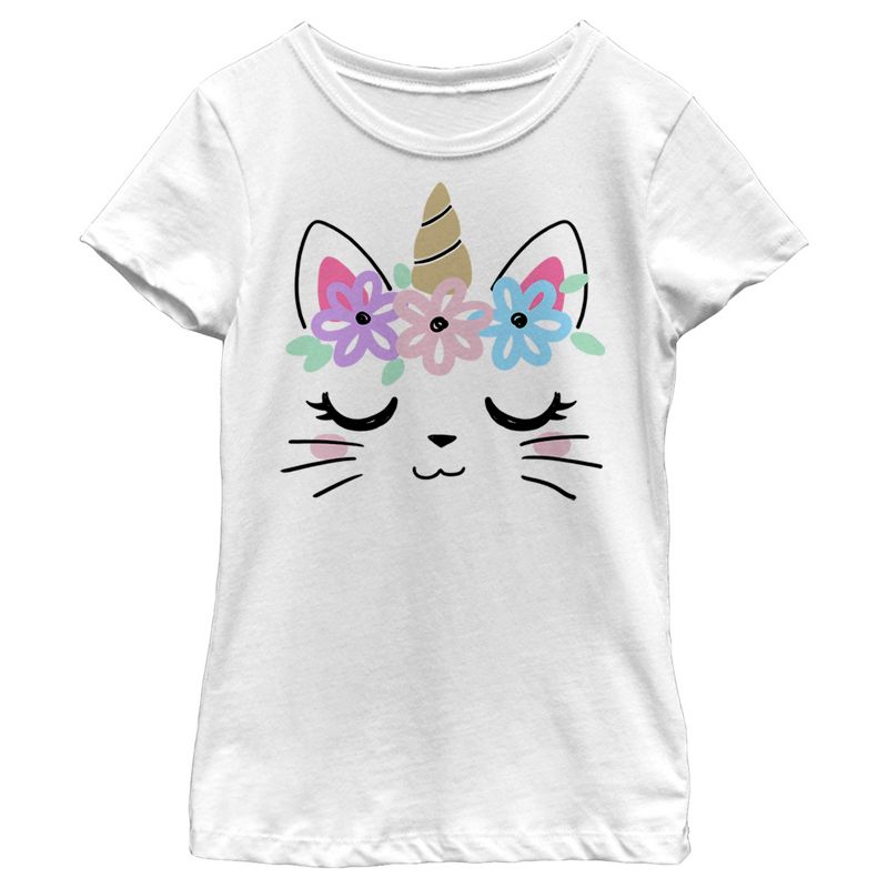 Girl's Lost Gods Kitty Unicorn with Flower Crown T-Shirt, 1 of 5