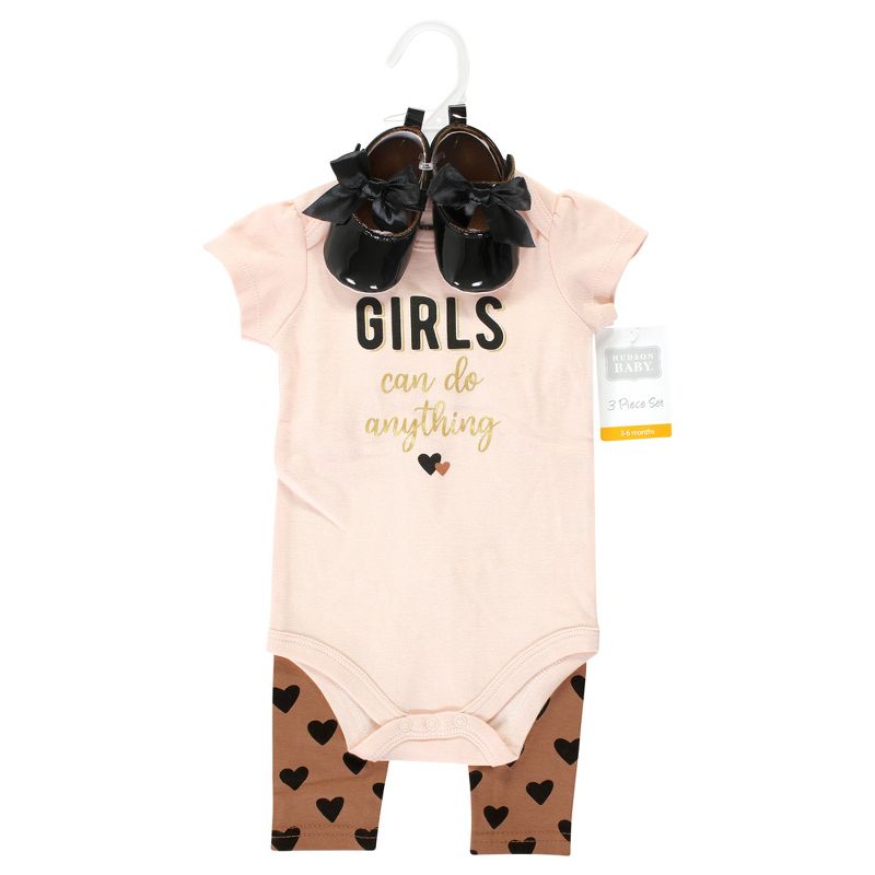 Hudson Baby Infant Girl Cotton Bodysuit, Pant and Shoe Set, Cinnamon Hearts Short Sleeve, 2 of 6